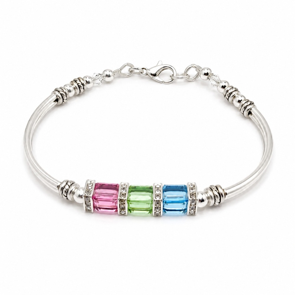 Austrian Crystal Bracelet Multicolor Cube Beads Rhinestone Silver Tone 7"